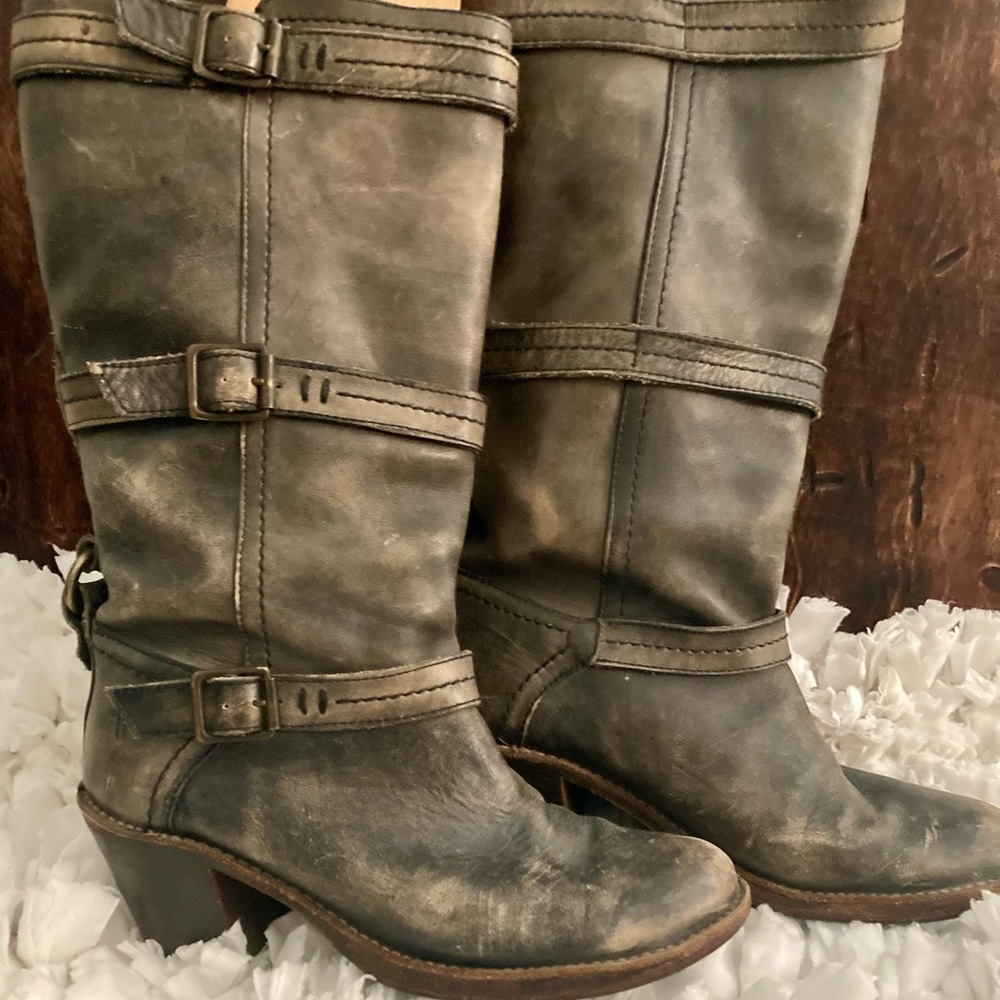 Frye mid-high strappy Genuine Leather boot in greyish brown.